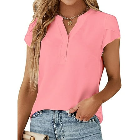 VDJ Women Blouses Summer Short Sleeve Button V Neck Trendy Shirts Casual Dressy Tops for Ladies