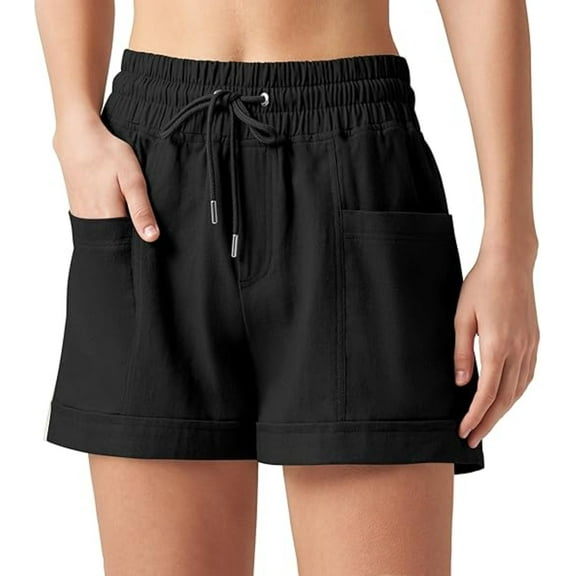 VDJ Women Casual Summer Shorts Elastic Waisted Drawstring Comfy Pull On Lightweight Black Shorts with Pockets Size L