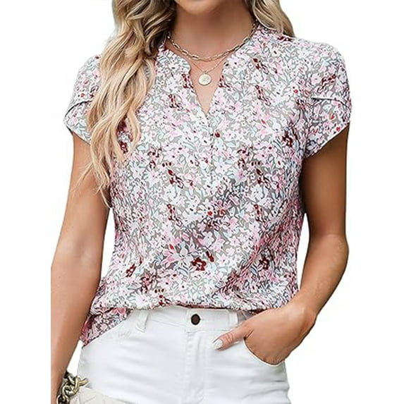 VDJ Women Casual Tops Short Sleeve Floral Printed Summer Boho Fashion Blouses Comfy Lightweight Chic Shirts Size S