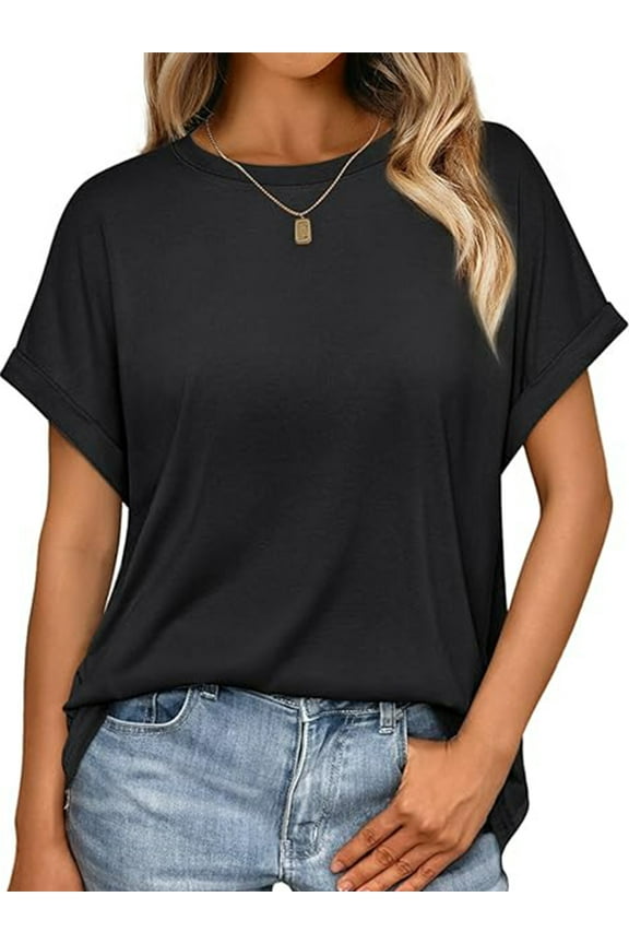Women Casual Tops Summer Short Sleeve Crew Neck T Shirts Trendy Black Tunic Tee Solid Blouses for Lady Size XL