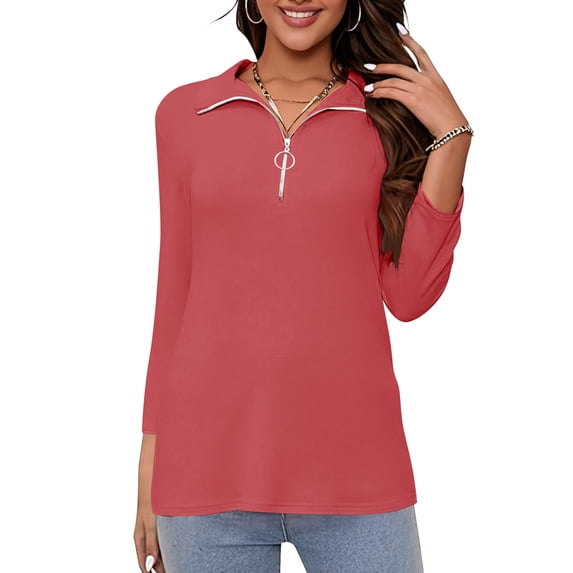 VDJ Women Cute Tops 3/4 Sleeve Half Zipped V Neck Comofortable Soft Lounge Tshirts Chic Peach Pink Tunic Size S