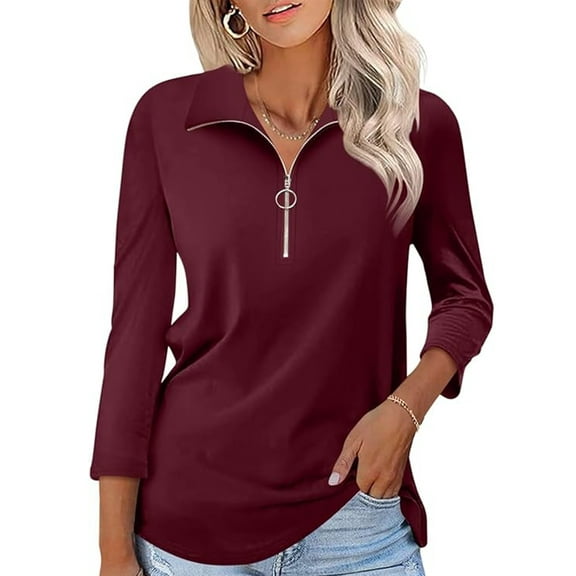 VDJ Women Dressy Tops 3/4 Sleeve Zip Up Collard Tops Casual Vintage Wine Red Fall Polo Shirts Clothing Size L