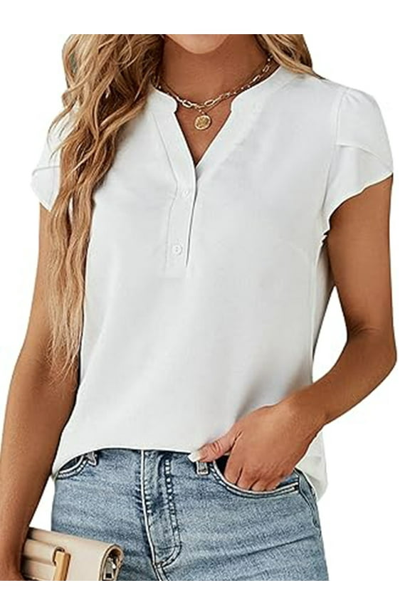 Women Dressy Tops Summer Petal Short Sleeve V Neck White Tshirts Fashion Business Blouses Lightweight Clothes Size M