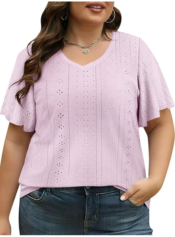 Women Dressy Tops Summer Short Sleeve Plus Size Casual Light Weight Oversize Fashion Pink Blouses Size 3XL