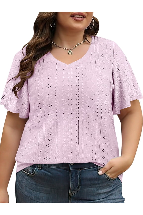 Women Dressy Tops Summer Short Sleeve Plus Size Casual Light Weight Oversize Fashion Pink Blouses Size 4XL