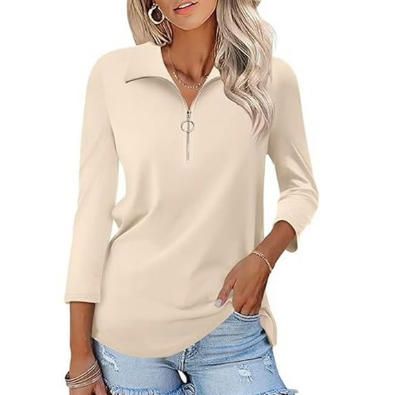 VDJ Women Fall Blouse 3/4 Sleeve Zipped Basic T Shirts Solid Color Lightweigt Soft Beige Tops 2025 New Clothing Size S