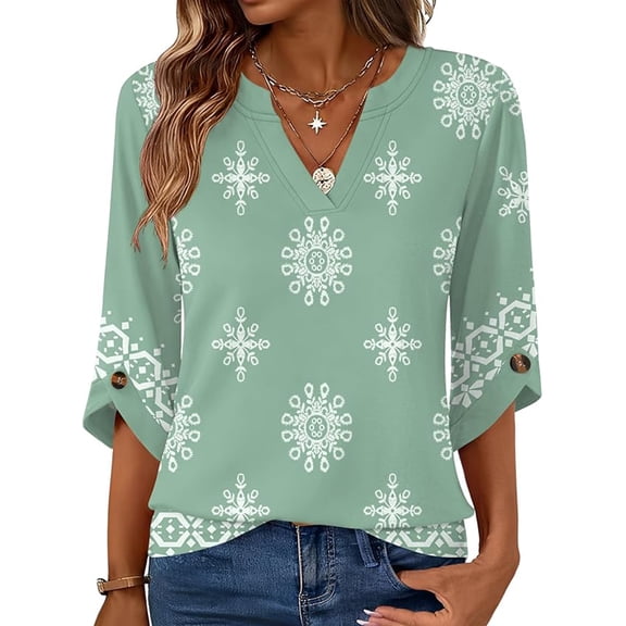VDJ Women Fall Blouses Henley V Neck 3/4 Sleeve Loose Casual Tops Summer Boho Tops Lightweight Flowy Green Tee Shirts Size XXL