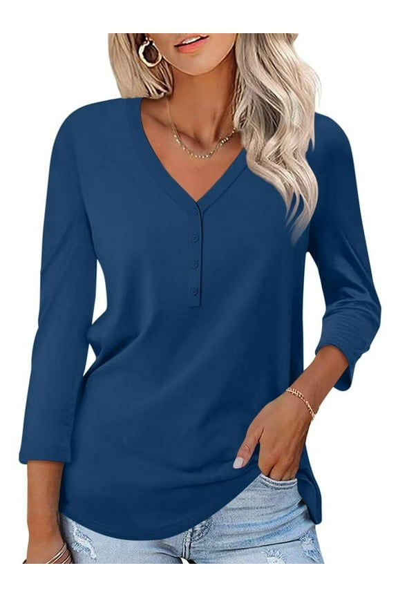 Women Fall Tops 3/4 Sleeve Fashion Button Down Tshirt Shirts Lightweight Navy Blue Tee Blouse Comfort Tops for Women Size M