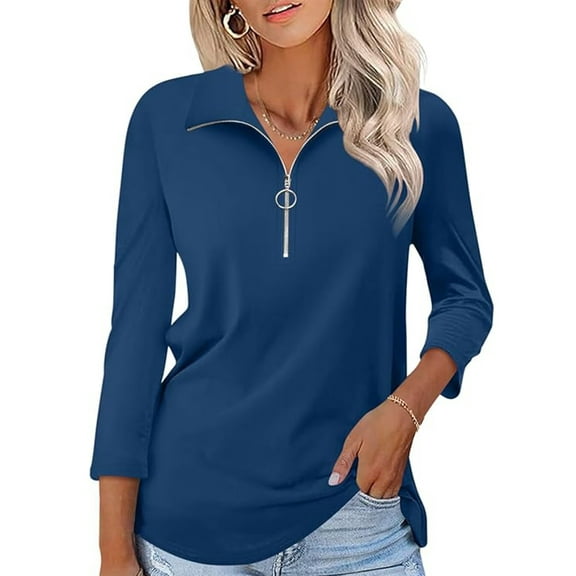 VDJ Women Fall Tops 3/4 Sleeve Fashion Half Zipper Collared Polo Shirts Lightweight Soft Navy Blue Tee Blouses for Ladies Size XXL