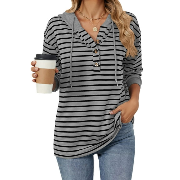 Women Fall Tops Long Sleeve Button Hooded Loose Casual Stripe Color Lightweight Soft Cozy Tops Autumn Winter Pullover Size XL