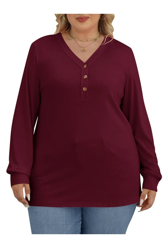 Women Long Sleeve Tops Plus Button V Neck Fall Tshirts Comfort Lightweight Tee Elegant Wine Red Tunic Blouses Size 2XL