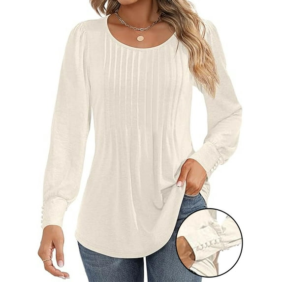 VDJ Women Long Sleeve Tops Solid Color Fashion Dressy Blouse Casual Crew Neck Cream Pleated T Shirts Business Tee Clothing Size XL