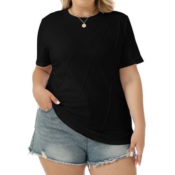 VDJ Women Plus Size Tops Casual Loose Pleated Solid Blouses Oversized Short Sleeve Round Neck Basic Black Tee Size L