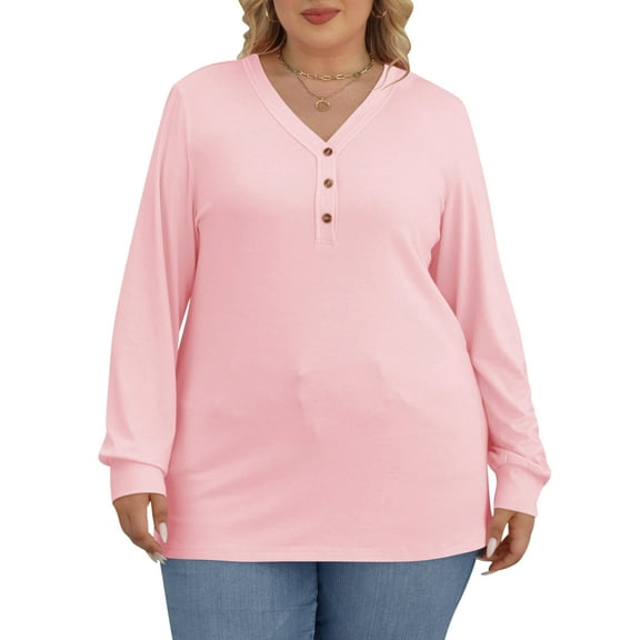 Women Plus Size Tops Long Sleeve Button V Neck Long Sleeve Casual T Shirts Oversized Basic Pink Blouses Clothes Size 2XL