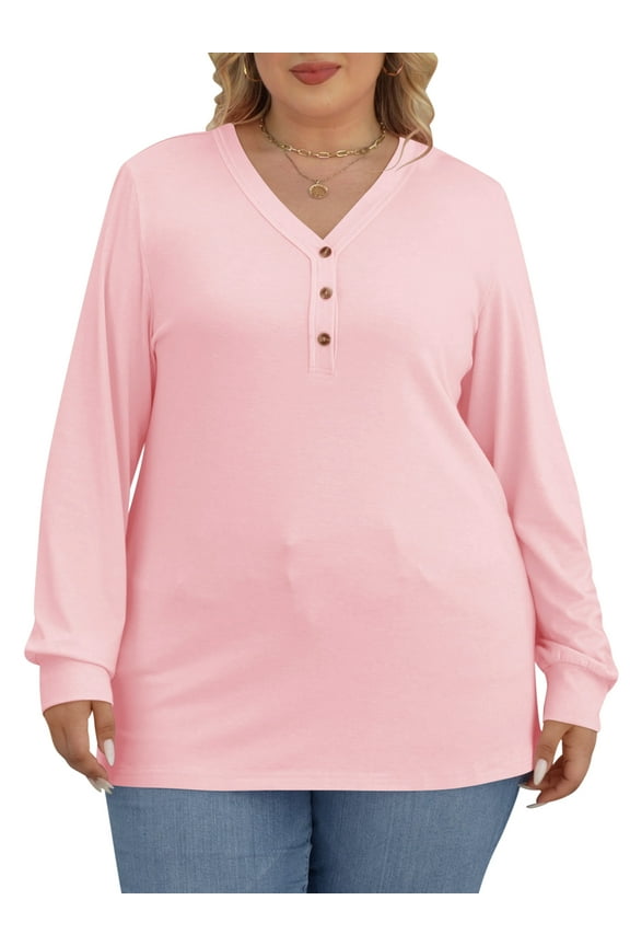 Women Plus Size Tops Long Sleeve Button V Neck Long Sleeve Casual T Shirts Oversized Basic Pink Blouses Clothes Size 4XL
