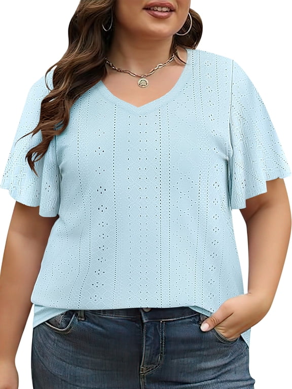Women Plus Size Tops Round neck Flare Short Sleeve Business Blouse Elegant Sky Blue Dressy Tunic Shirt Clothes Size 3XL