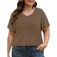 thumbnail image 1 of VDJ Women Plus Size tops Summer T shirts V Neck Flare Short Sleeve Oversized Tunic Shirts Blouse Coffee Size 2XL, 1 of 8