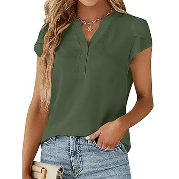 VDJ Women Short Sleeve Shirts Summer Casual Blouses Button Down Lightweight Fashion Business Tshirt Army Green Clothes Size XL