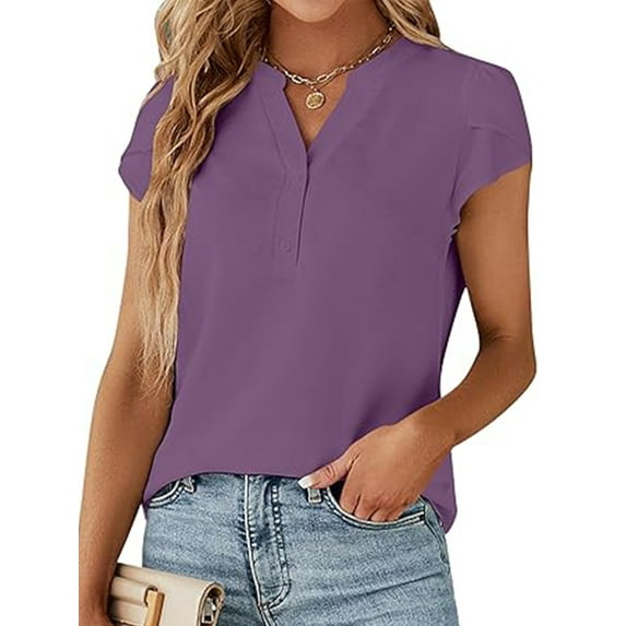 VDJ Women Summer Blouse Short Sleeve Button V Neck Business Casual Top Fashion Lightweight Purple Shirts Clothes Size M