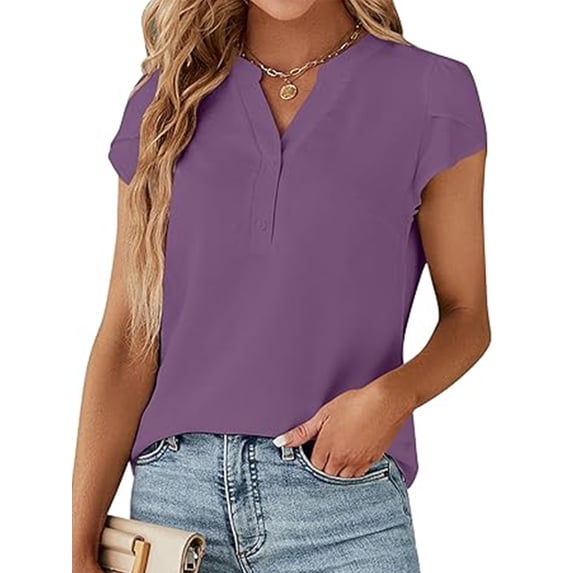 VDJ Women Summer Blouse Short Sleeve Button V Neck Business Casual Top Fashion Lightweight Purple Shirts Clothes Size XXL