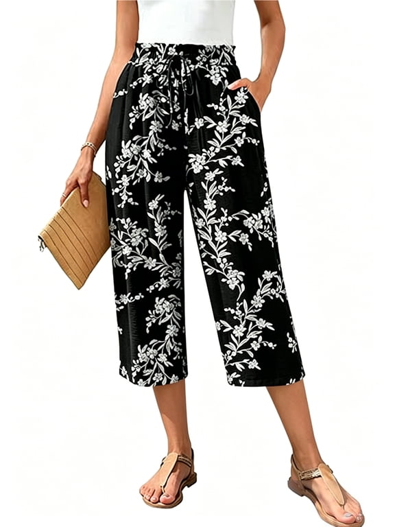 Women Summer Capri Pants High Waisted Straight-Leg Flowy Pants Lightweight Pull on Capris Trousers with Pockets Size XL