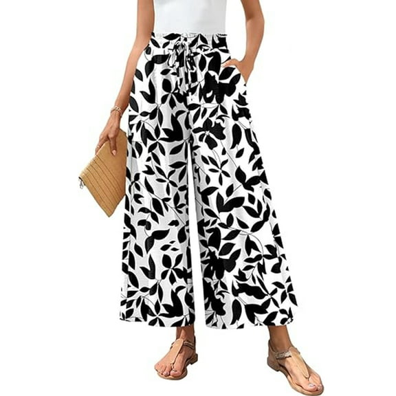 VDJ Women Summer Pants Elastic Waist Floral Bohemian Wide Leg Capri Pants Palazzo Casual Cropped Pants Size L