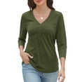 thumbnail image 1 of VDJ Women Summer T Shirts Casual Loose 3/4 Sleeve V Neck Tunic Stylish Solid Color Army Green Business Tee Clothes Size L, 1 of 9