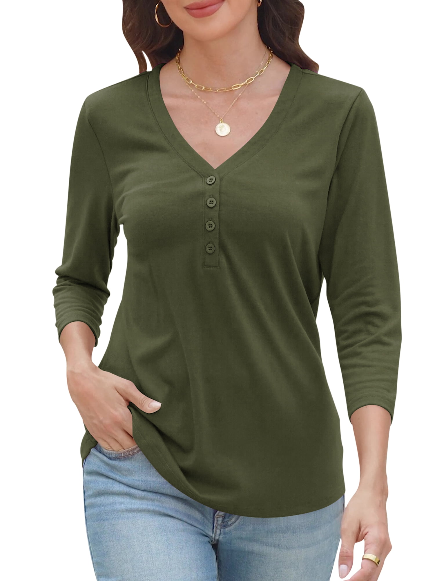 VDJ Women Summer T Shirts Casual Loose 3/4 Sleeve V Neck Tunic Stylish ...