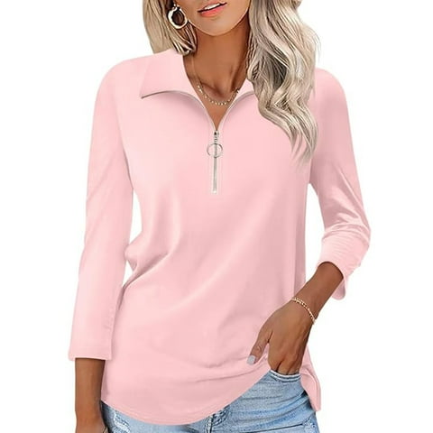 Women Tops 3/4 Sleeve Zip Collared Polo Shirts Casual V Neck Fall Blouses Solid Pink Tee Clothes Size L