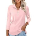 thumbnail image 1 of VDJ Women Tops 3/4 Sleeve Zip Collared Polo Shirts Casual V Neck Fall Blouses Solid Pink Tee Clothes Size XL, 1 of 10