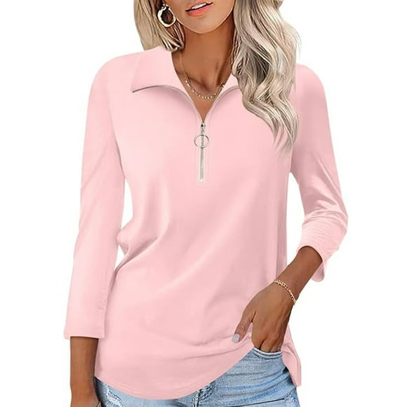 VDJ Women Tops 3/4 Sleeve Zip Collared Polo Shirts Casual V Neck Fall Blouses Solid Pink Tee Clothes Size XL