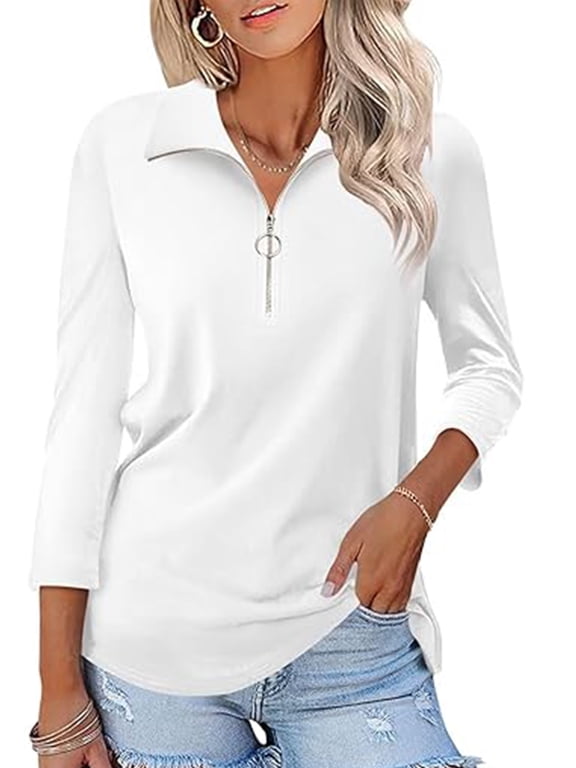 Women Tops 3 Quarter Sleeve Zipped Collrar Business Ladies Shirts Fashion White Fall Blouse Tee Size XL