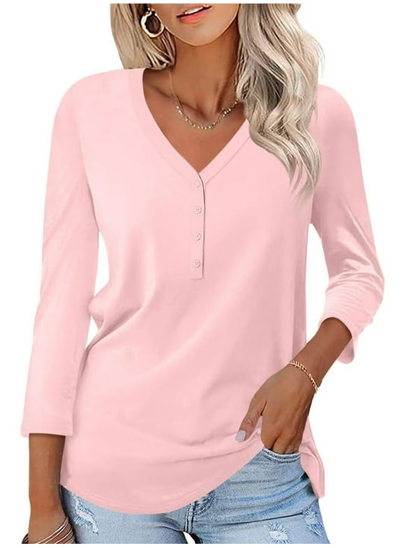 Women Tops Button V Neck 3/4 Sleeve T Shirts Casual Fall Tops Solid Color Basic Cute Pink Tee Clothes Size XL