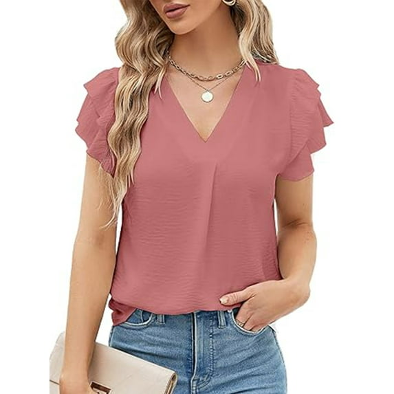 VDJ Women Tops Classic V Neck Ruffle Short Sleeve Blouses Summer Holiday Trendy Tunic Shirts Lightweight Clothes Size XXL