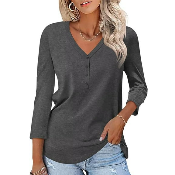 VDJ Women Tunic Tops 3/4 Sleeve Summer Button Up Drak Gray Shirts Business casual outfits Clothing Size M
