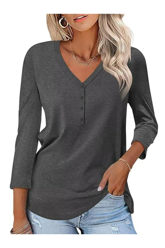 Women Tunic Tops 3/4 Sleeve Summer Button Up Drak Gray Shirts Business casual outfits Clothing Size XL