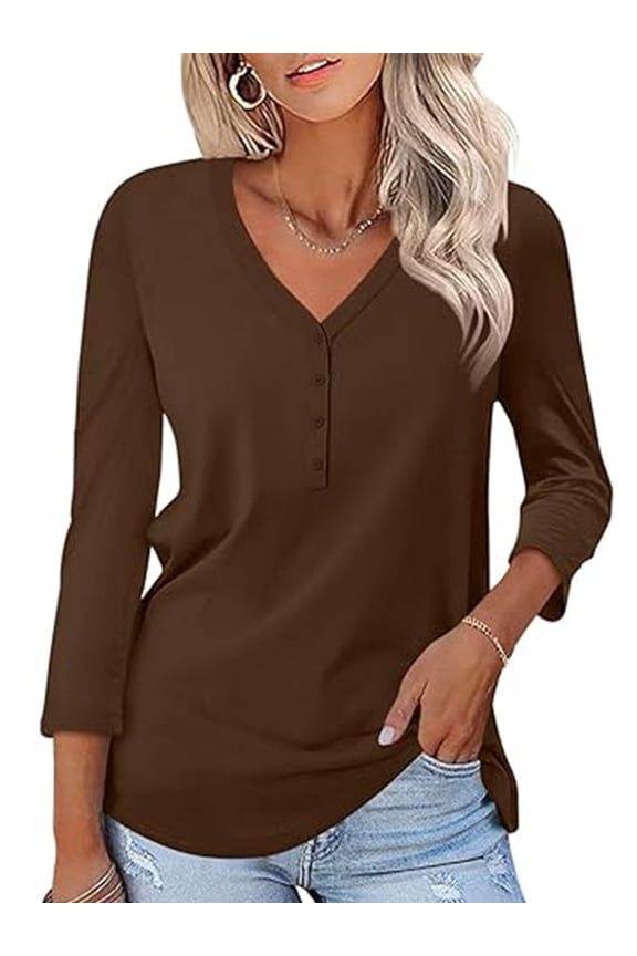Women's 2025 Fashion Tops 3/4 Sleeve T-Shirts Cute V Neck Basic Business Tees Coffee Blouses Size XXL