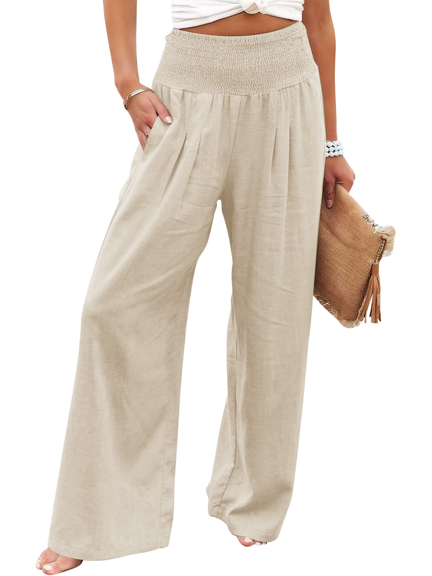 TEMOFON Pants for Women Wide Leg Linen Pant Black Summer Casual Palazzo Flowy Pants with Pocket Drawstring Loose Lightweight Pants M