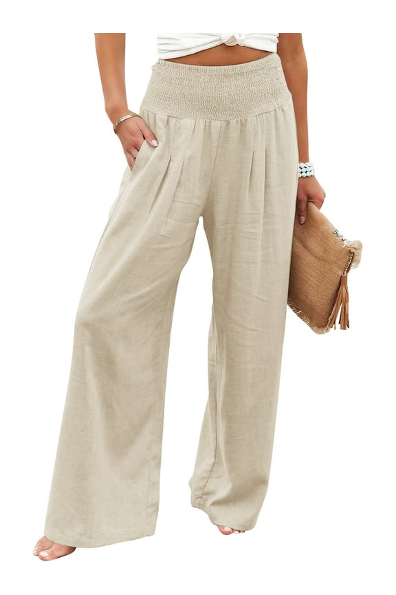 Women's Casual Wide Leg Pants Summer Boho High Waisted Beach Palazzo Trousers Flowy Lounge Pant Size XL