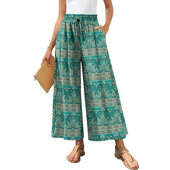 VDJ Women's Cropped Pants Summer Boho Fashion Floral Printed Wide Leg Capri Business Work Pants with Pockets Size XL