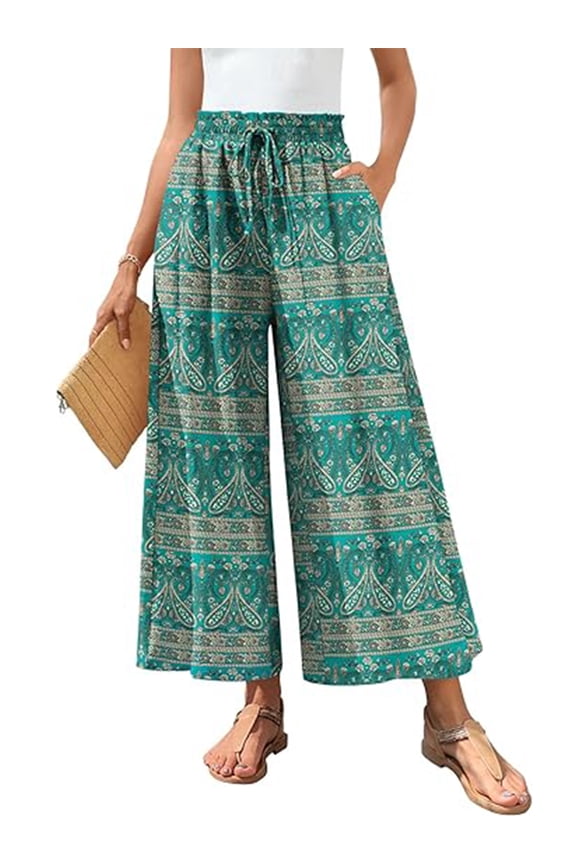 Women's Cropped Pants Summer Boho Fashion Floral Printed Wide Leg Capri Business Work Pants with Pockets Size XL
