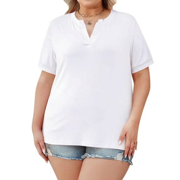 VDJ Women's Plus Size Tops Henley V Neck Cuff Short Sleeve T Shirts Casual Basic Summer Blouse Loose Fit White Tunic Size 4XL