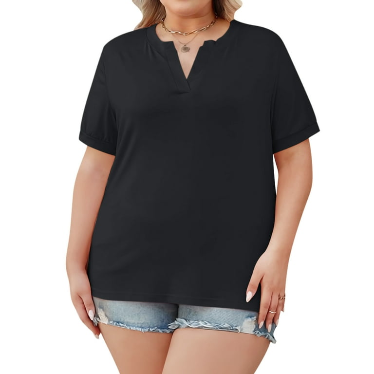 Casual Short sleeve Solid Color V neck Plus size Tops Casual Short sleeve Solid Color V neck Plus size Tops