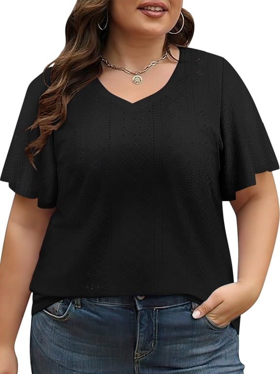 Women's Plus Size Tops Summer Flare Short Sleeve Tee Shirts Oversized Casual V Neck Top 2025 Fashion Black Blouses Size 4XL