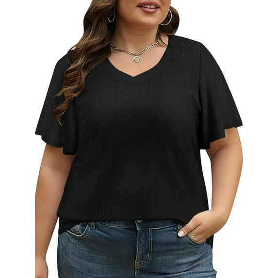 VDJ Women's Plus Size Tops Summer Flare Short Sleeve Tee Shirts Oversized Casual V Neck Top 2025 Fashion Black Blouses Size XL