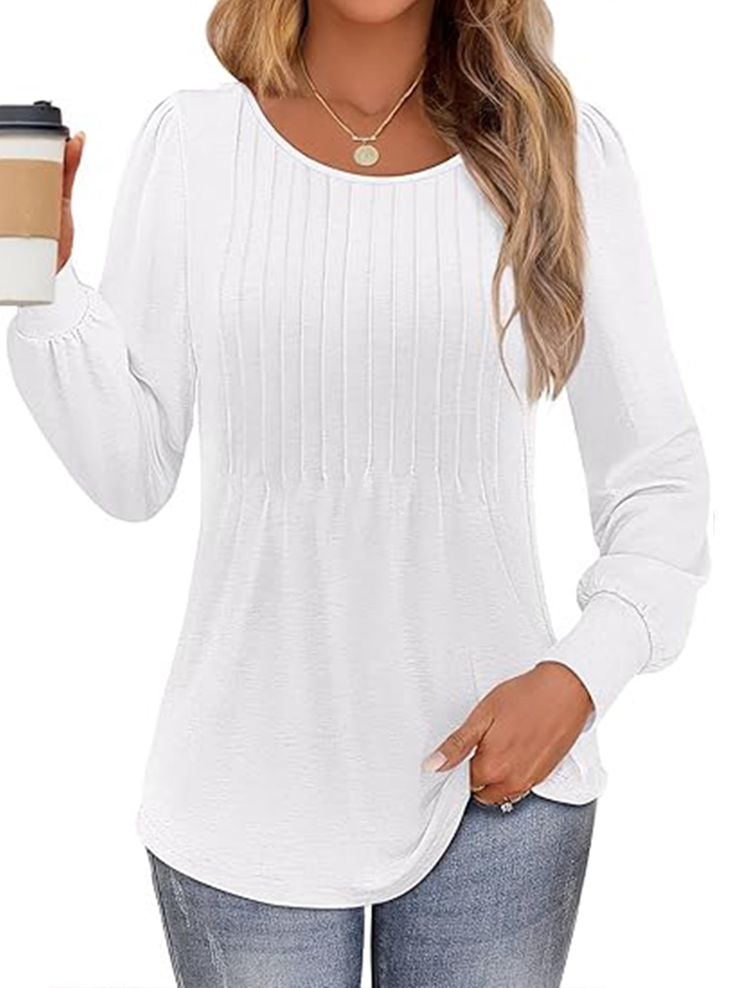 VDJ Women's Puff Long Sleeve Tops Pleated Crew Neck White Blouses ...