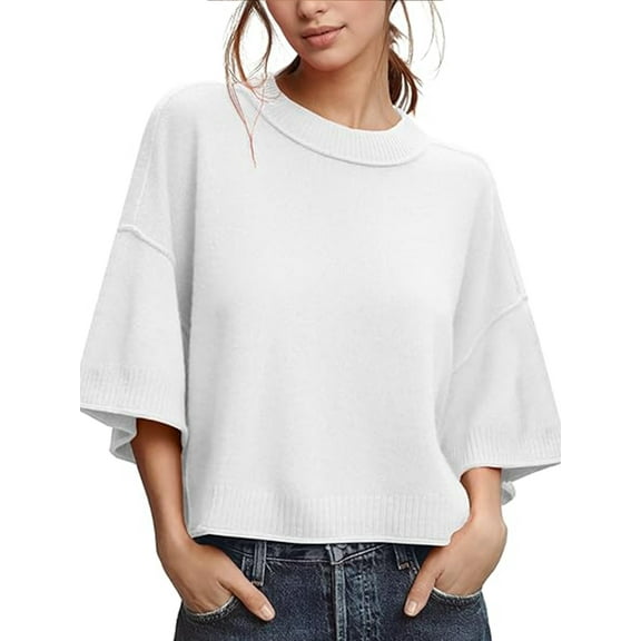 VDJ Women's Sweaters 3/4 Sleeve Loose Casual Crew Neck Knit Blouses 2025 Oversized Drop Shoulder Solid Knit Tops Size XXL