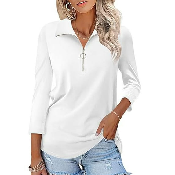 VDJ Women Tops 3 Quarter Sleeve Zipped Collrar Business Ladies Shirts Fashion White Fall Blouse Tee Size 3XL