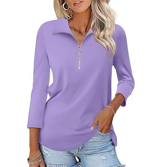 VDJ Women's V Neck 3/4 Sleeve T Shirt Solid Color Casual Basic Tops Purple Half Zipped Autumn Tees Size L
