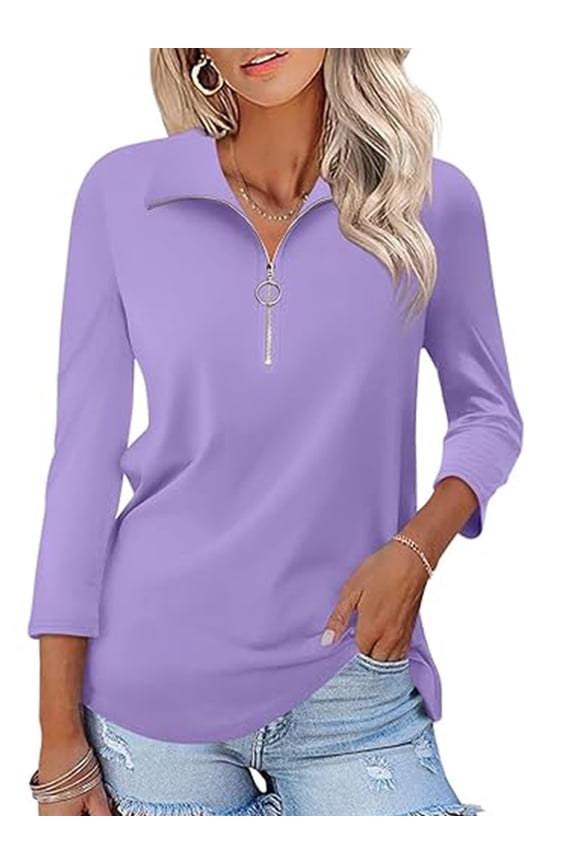Women's V Neck 3/4 Sleeve T Shirt Solid Color Casual Basic Tops Purple Half Zipped Autumn Tees Size XXL